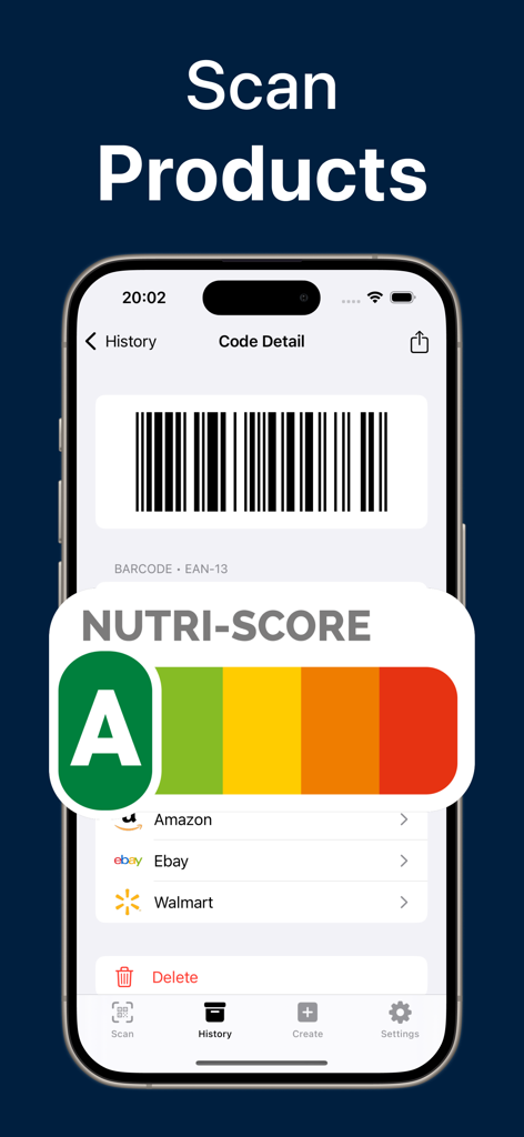 QR Code Reader；Barcode Scanner - Interfaz de la aplicación QR Mate que muestra los resultados del escaneo de códigos de barras con una calificación Nutri-Score A y enlaces de compra para Amazon, Ebay y Walmart.