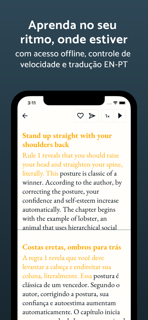 Idiomus - Textos em Inglês - Idiomus app interface showing synchronized English and Portuguese text for language learning