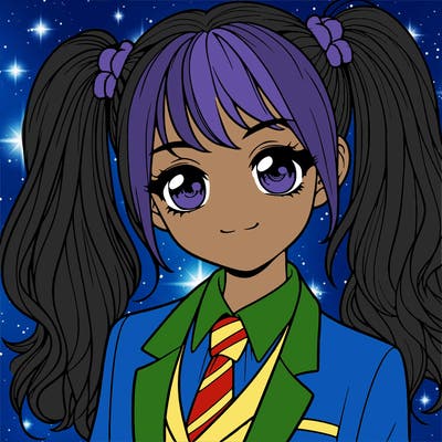 realistic girl with two ponytails and a suit on