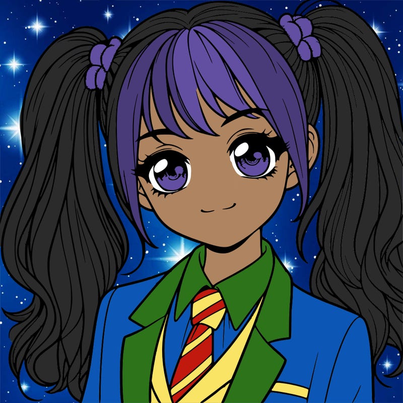 realistic girl with two ponytails and a suit on