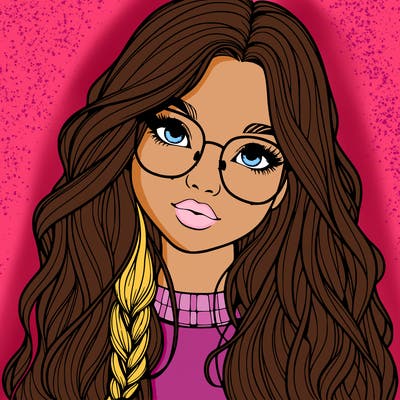 girl with long hair and freckles and glasses realistic
