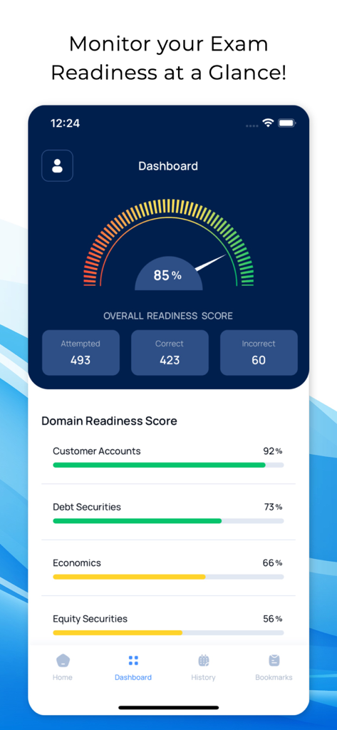 SIE, Series 6,7,63,65,66 Exam - Mobile app dashboard displaying an overall readiness score of 85 percent and progress bars for various exam study topics