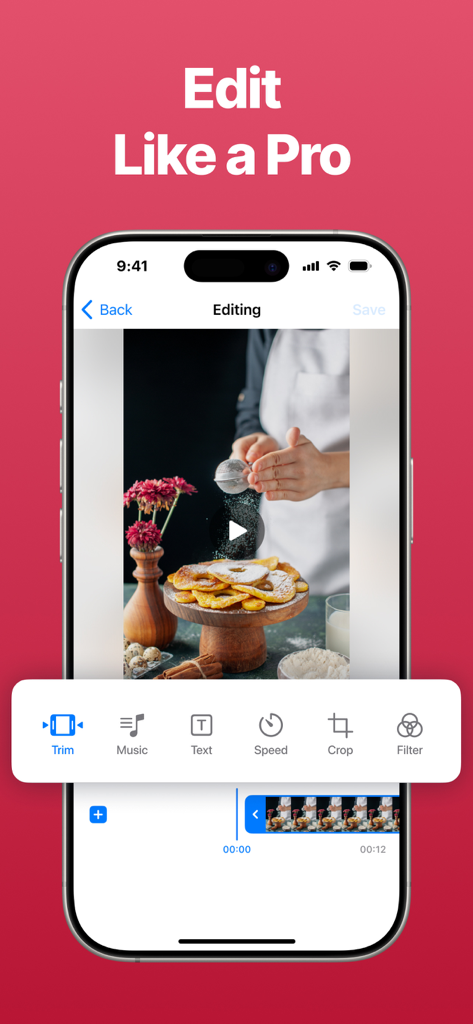 iPhone showing video editing features including trim music and text tools in the Screen Recorder app