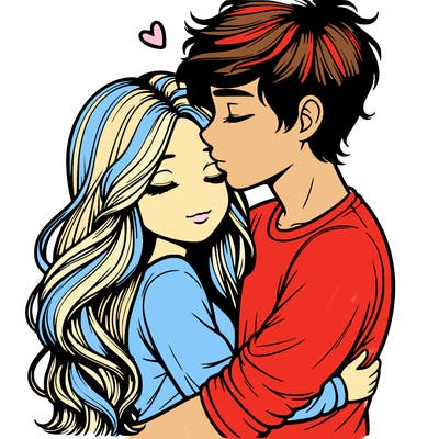 a realistic couple boy and girl hugging and kissing