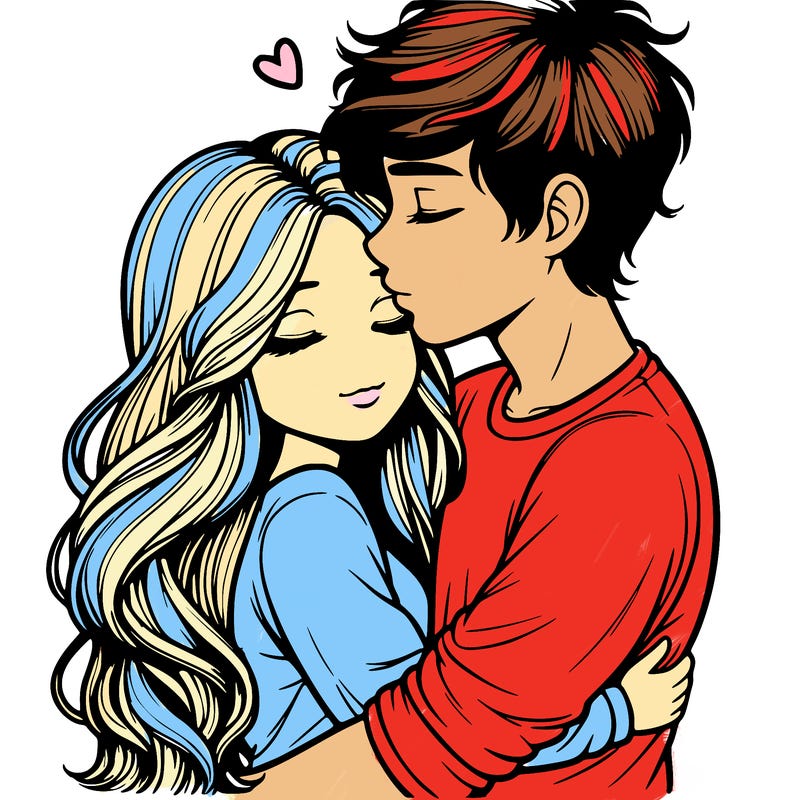 a realistic couple boy and girl hugging and kissing