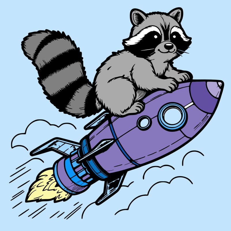 realistic raccoon flying on top rocket ship