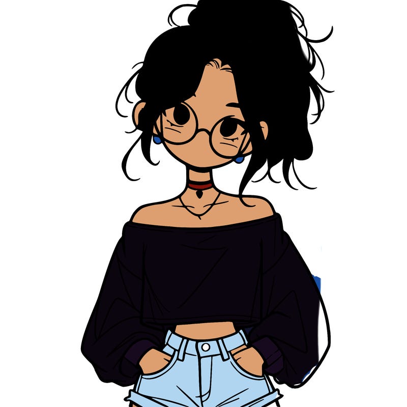 girl with a messy ponytail glasses a baggy crop top and jean shorts