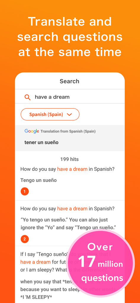 HiNative - Language Learning - HiNativeアプリの画面で、「have a dream」というフレーズのスペイン語での検索結果と翻訳が表示されています