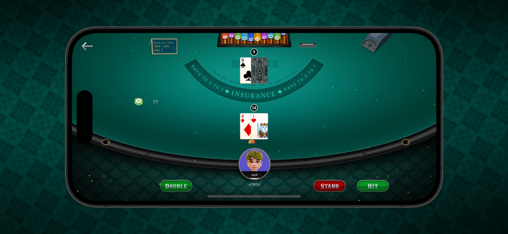 Blackjack 21 : Cards Game - Ein Blackjack-Spiel auf einem virtuellen grünen Tisch mit Optionen 'Hit' und 'Stand'