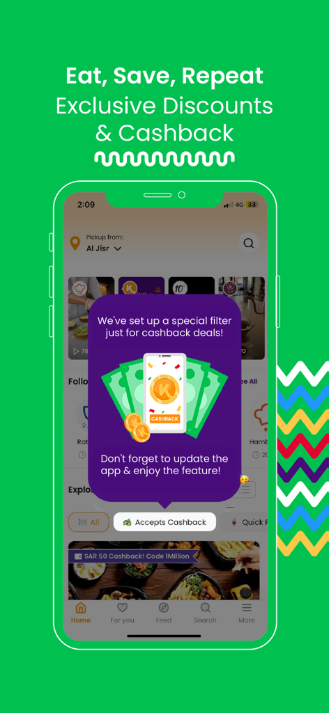 Koinz app interface showing exclusive discounts and a cashback filter.