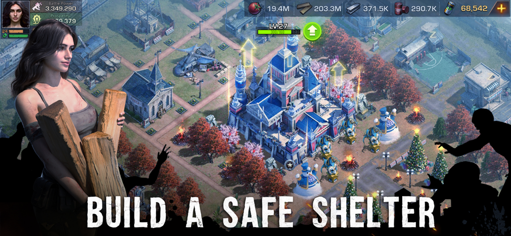 In-game screenshot of State of Survival showing base building mechanics and a female survivor holding wooden planks