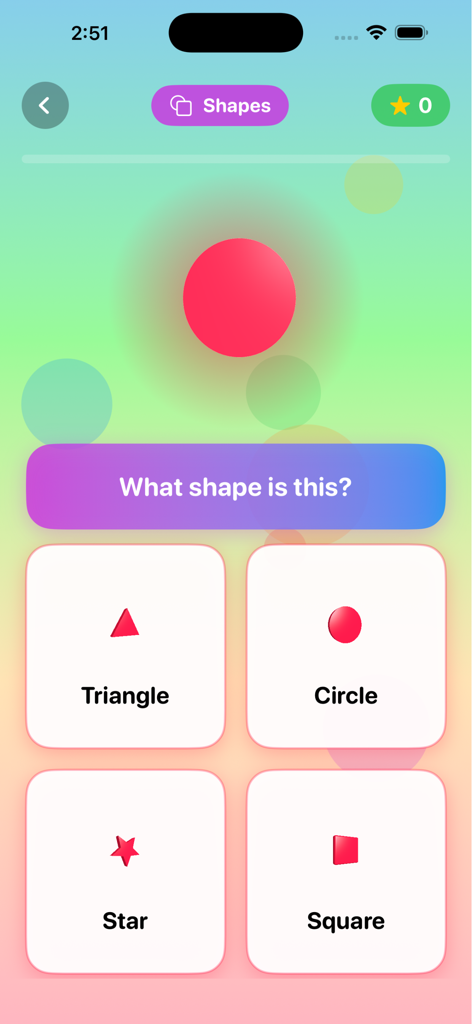 ABC Kids - Learn & Play - Interactive shapes learning quiz screen in the ABC Kids app showing a red circle with multiple choice options for triangle, circle, star, and square.