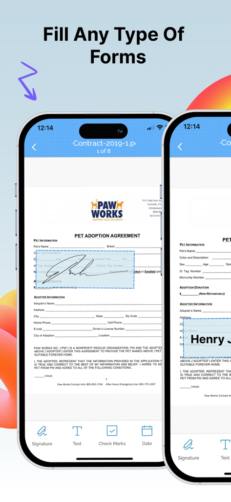 Filling and signing a PDF form on an iPhone with the eZy Sign app.