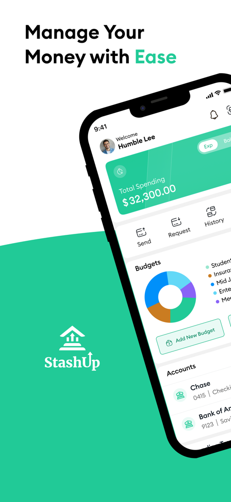 Panel de la aplicación StashUp que muestra el gasto total y un gráfico circular del presupuesto