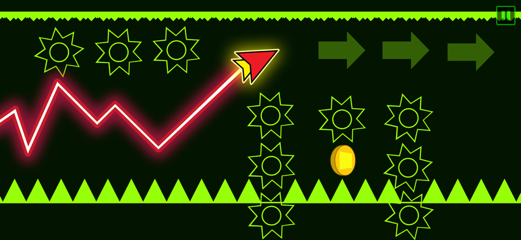 Uma seta vermelha navegando por um percurso de obstáculos verde neon com padrões em zigue-zague em um jogo de plataforma rítmica.