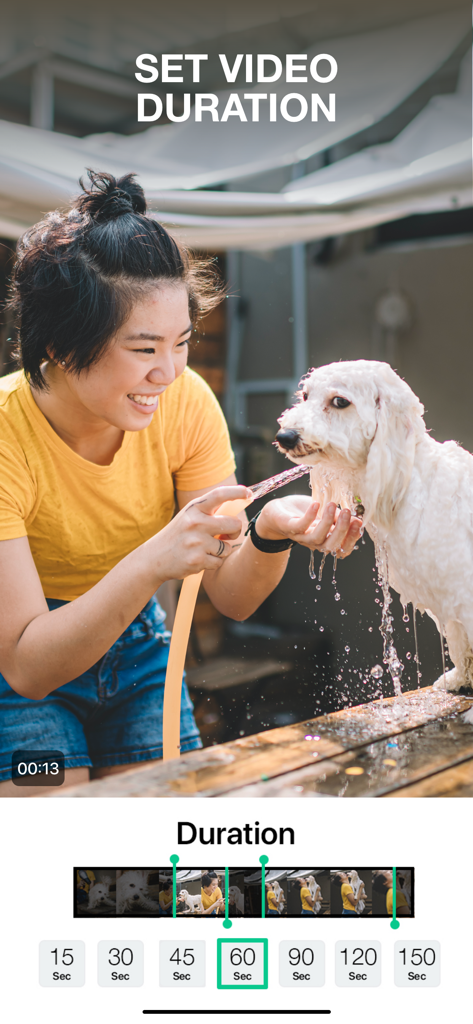 Interface do aplicativo Magisto mostrando a tela de seleção de duração do vídeo com uma mulher lavando um cachorro