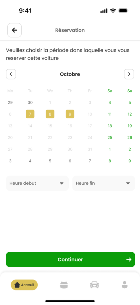 Limo cars - 렌탈 날짜 선택을 위한 캘린더가 있는 리모카 앱 예약 화면
