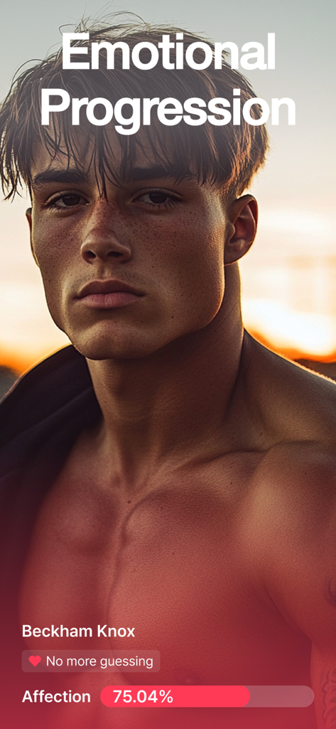 dotdotdot Fantasy AI Boyfriend - A portrait of Beckham Knox showing a 75 percent affection level in the dotdotdot Fantasy AI Boyfriend app