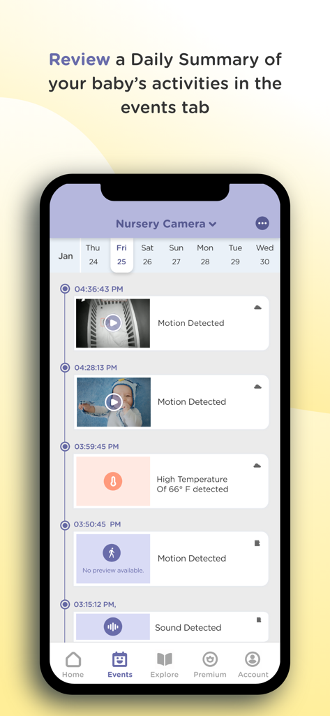 HubbleClub by Hubble Connected - Smartphone screen displaying the HubbleClub app events timeline with baby activity alerts