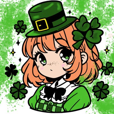 a manga-style girl with clovers around her, a little hat in her hair, like it's saint patrick's day
