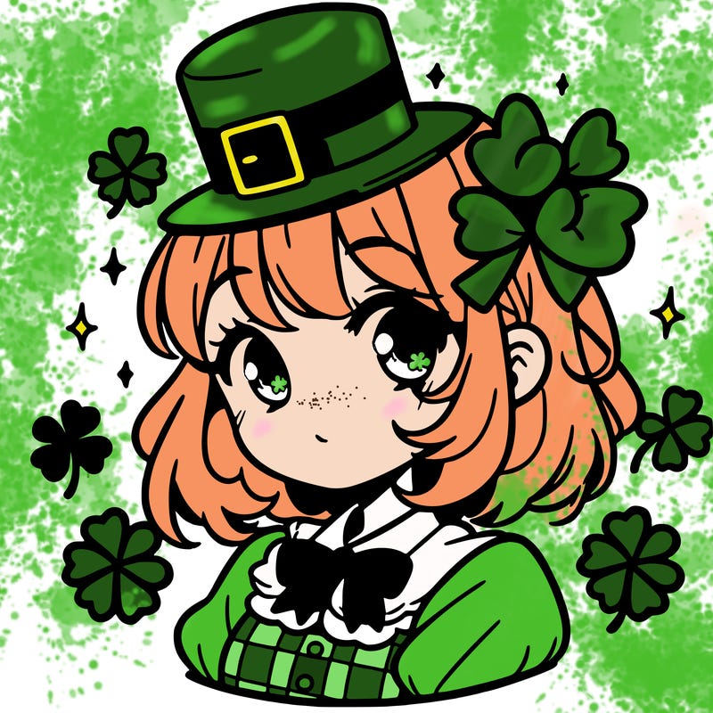 a manga-style girl with clovers around her, a little hat in her hair, like it's saint patrick's day