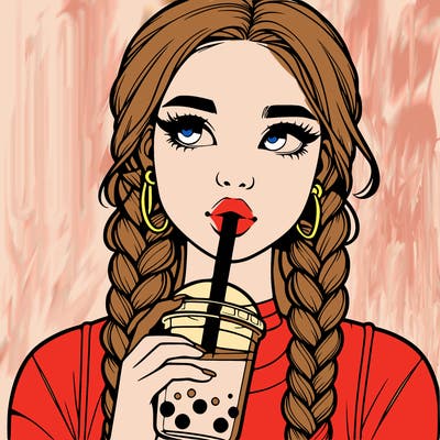 realistic girl with braided hair drinking boba