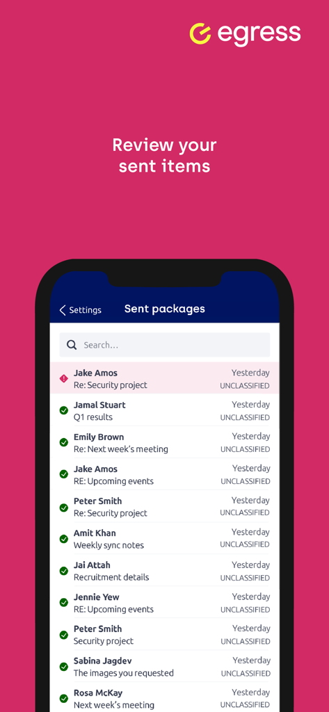 Egress Secure Mail mobile app interface showing a list of sent secure packages with status indicators and security classifications