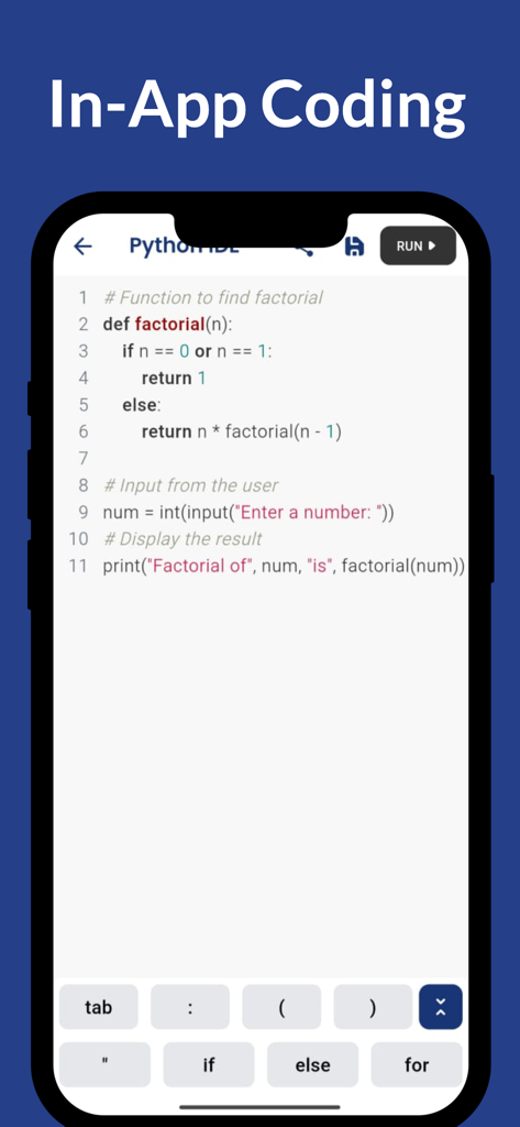 Coding Jr - Captura de pantalla de la aplicación Coding Jr que muestra un IDE de Python dentro de la aplicación con un script de función factorial y un teclado de codificación especializado para niños