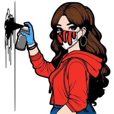realistic girl with mask spray painting a wall