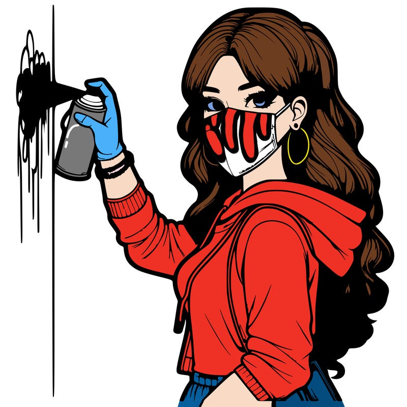 realistic girl with mask spray painting a wall