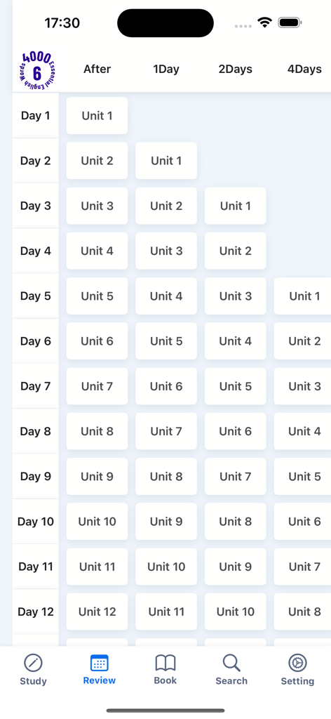 4000 Essential English Words ⑹ - Una cuadrícula de horario de revisión de estudio que muestra la progresión de unidades a lo largo de varios días para el aprendizaje de vocabulario avanzado de inglés.
