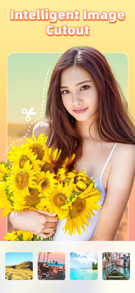 Piscmate - Photo Editor - A woman holding a bouquet of sunflowers being digitally cut out from her background with the Piscmate intelligent photo editor tool.