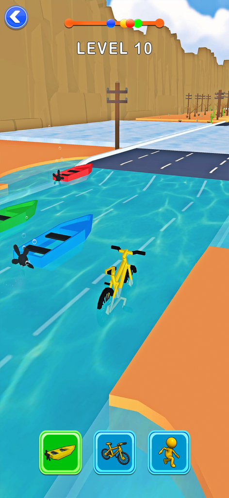 Shape Shifter: Games Car Shift - A yellow bicycle racing on a water track in the Shape Shifter mobile game with transformation icons at the bottom.