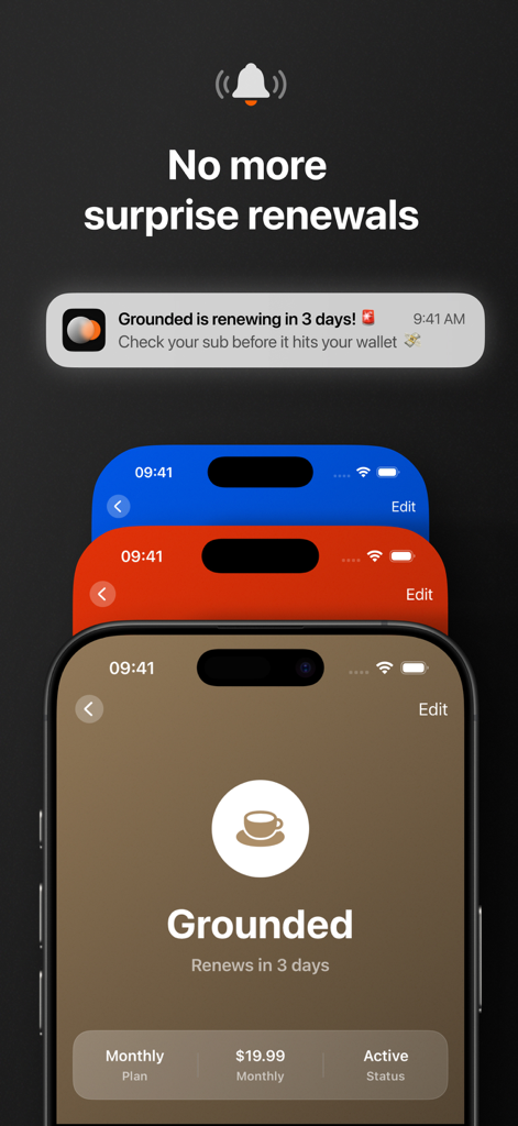 Subo: Subscription Manager - Una interfaz móvil que muestra una alerta de renovación de suscripción y un panel detallado para un pago mensual recurrente en un iPhone.