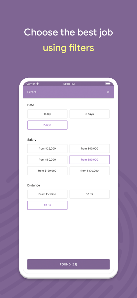 Schermata dell'app Jobsora che mostra filtri di ricerca del lavoro per data, stipendio e distanza.