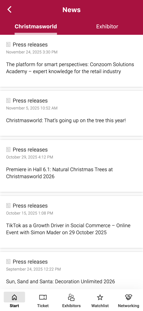 Christmasworld Navigator - The News section of the Christmasworld Navigator app displaying official press releases and event updates.
