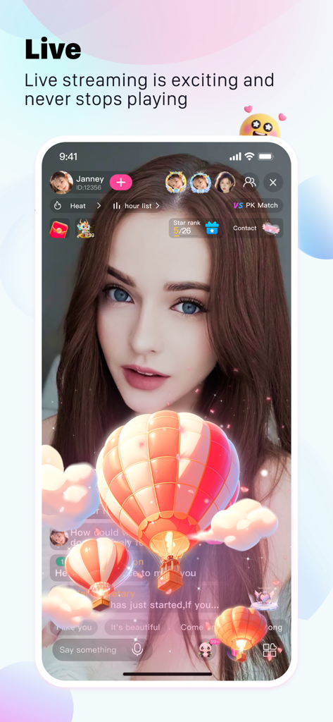 POYO - Live stream,Go Live - Interface of POYO app showing a live stream with an influencer and hot air balloon virtual gift effects