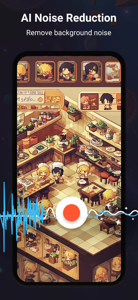 V Recorder app interface showing AI Noise Reduction feature being applied to a mobile game recording.