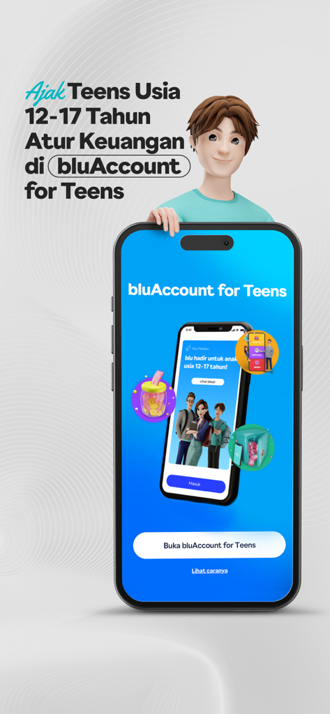 A promotional screen for bluAccount for Teens featuring a 3D character and mobile app interface for young users.