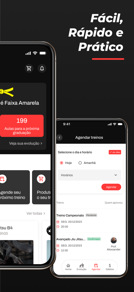 Bjj Control - Alunos - Capturas de tela do aplicativo BJJ Control mostrando progresso de graduação em artes marciais e agendamento de aulas