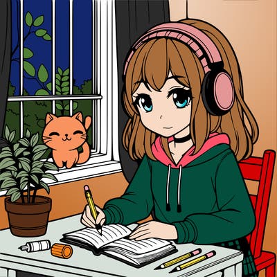 pretty anime girl listening to headphones sitting at a desk writing in a notebook with a plant on the desk and with a cat laying on the window sill