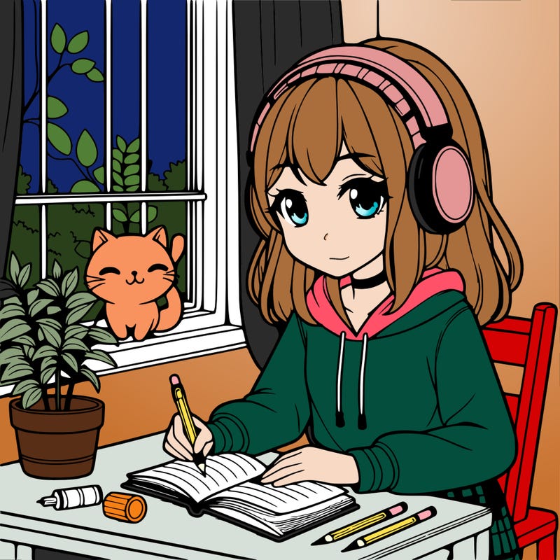 pretty anime girl listening to headphones sitting at a desk writing in a notebook with a plant on the desk and with a cat laying on the window sill