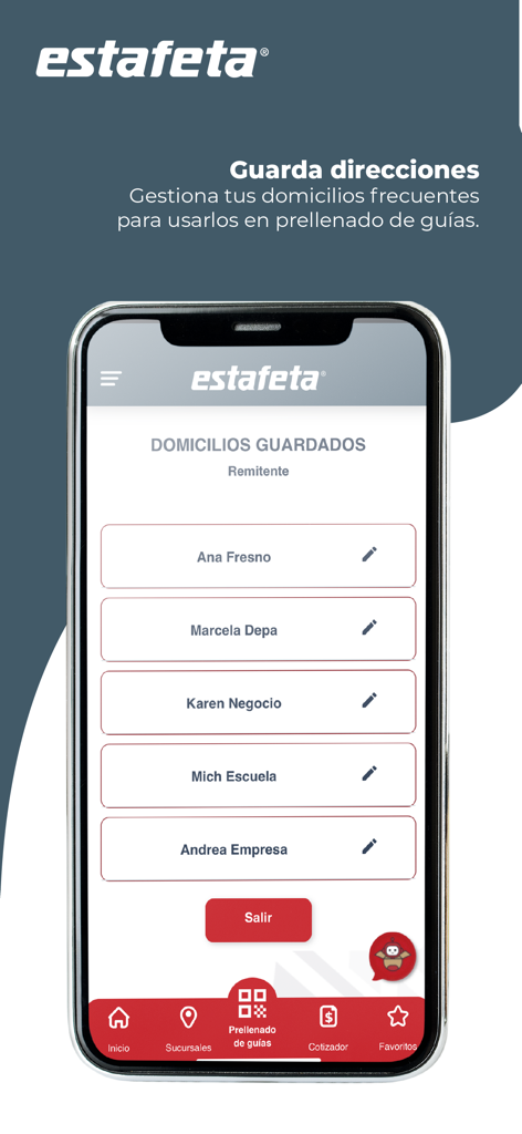 Tela do aplicativo Estafeta mobile exibindo uma lista de endereços de remetente salvos para preparação rápida de etiquetas de envio.