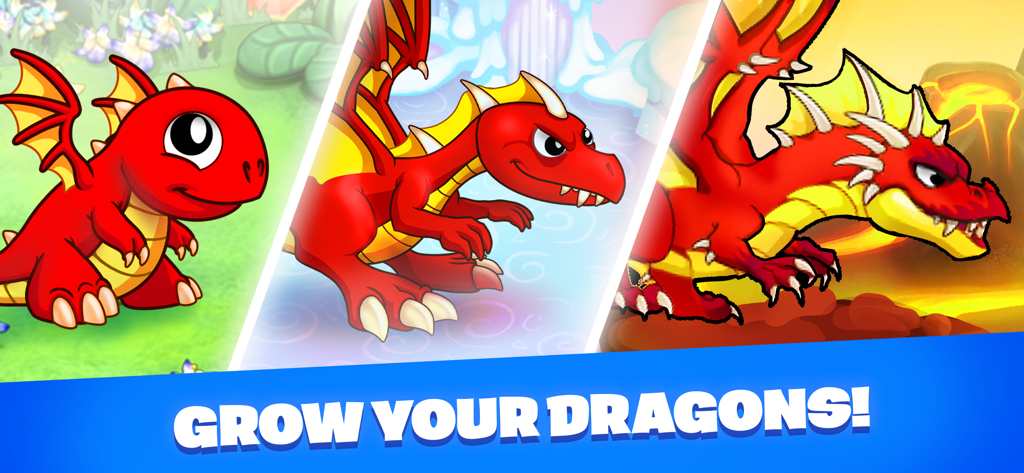 DragonVale - Breed Dragons - 赤ちゃんのドラゴンからさまざまな環境で大人になるまで進化する赤いドラゴンの3つのパネル。