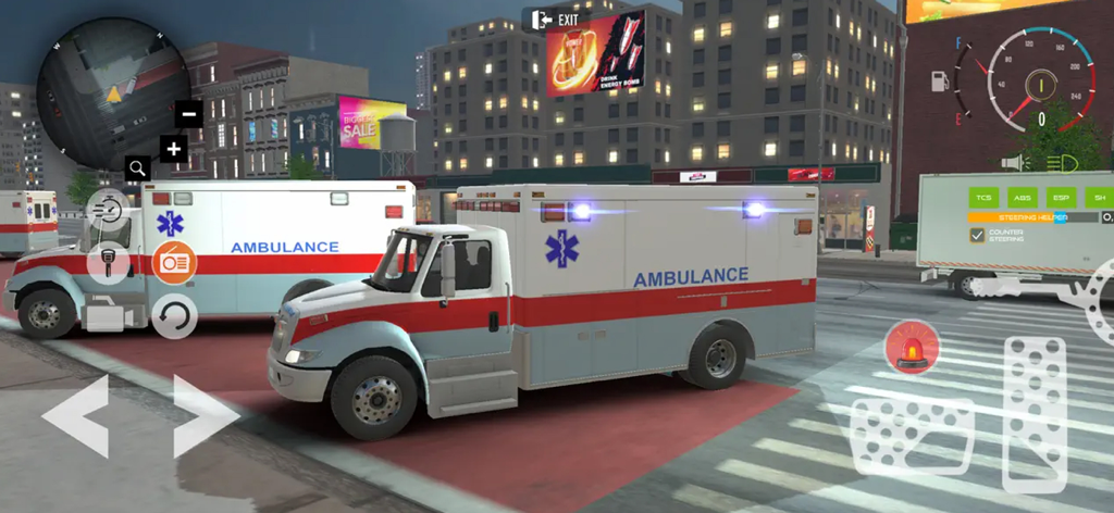 Ambulance Game Car Driving Sim - 救急車ゲーム車運転シミュレーターのゲームプレイ。街の通りの環境に2台の救急車が表示されている。