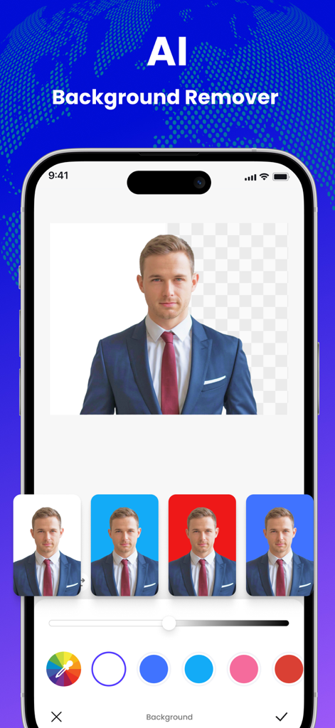 A mobile interface showing AI background removal for a passport photo with options for white, blue, and red backgrounds.