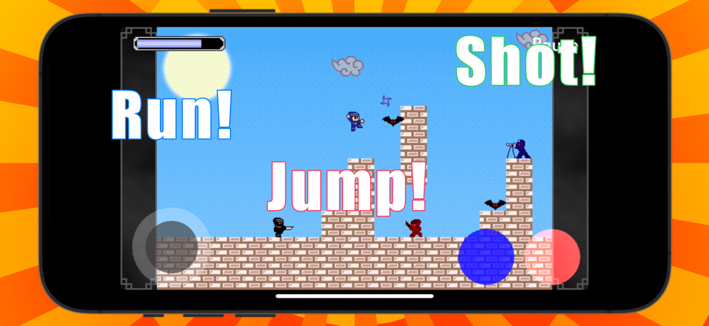 Una captura de pantalla de un plataformero ninja de pixel art 2D retro que muestra mecánicas de correr, saltar y disparar en un smartphone
