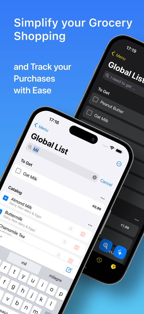 Groceries Tracker app - Groceries Tracker app interface showing light and dark mode shopping lists on iPhone