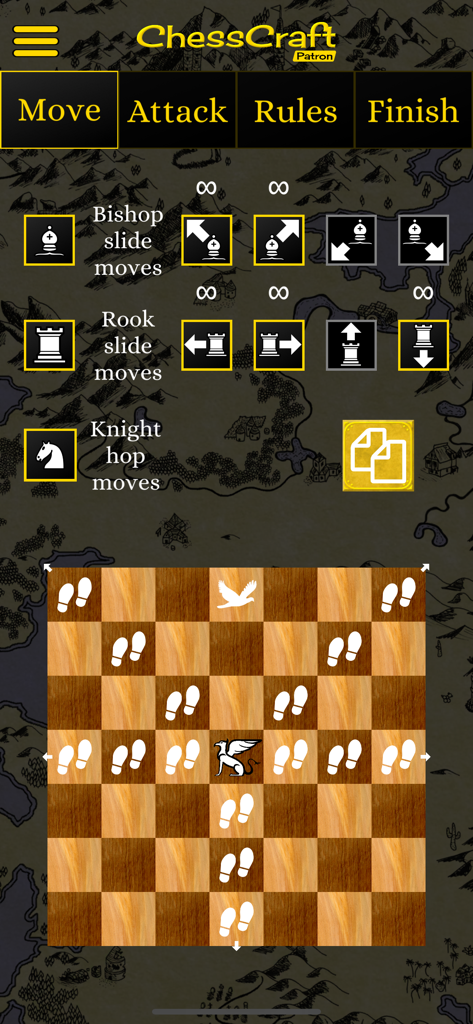 ChessCraft - Interface for creating custom chess piece movement patterns in the ChessCraft app showing options for slides and hops
