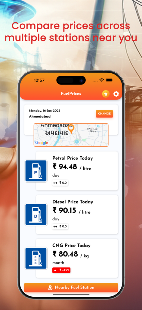 Fuel Price & Station Finder - Interface de l'application mobile montrant les prix actuels du carburant pour l'essence, le diesel et le GNV avec une carte des stations locales